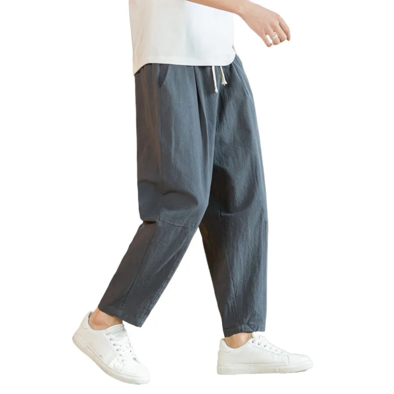 AURELLE Men's Cotton Linen Drawstring Pants – Lightweight Harem-Style Casual Streetwear