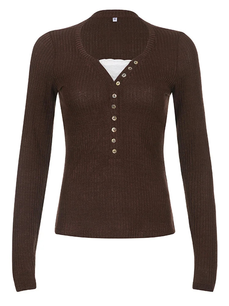 Women's Lace Patchwork Button Front Knit Top – Long Sleeve Slim Fit Sweater