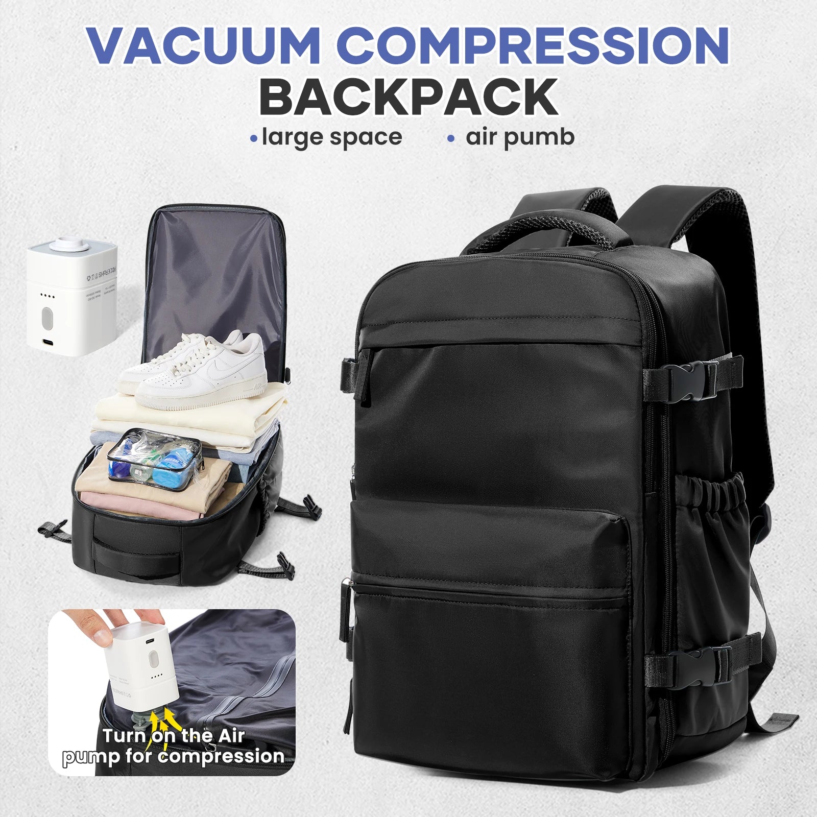 FLCC Vacuum Compression Travel Backpack – Expandable Laptop Backpack with Optional Vacuum Pump