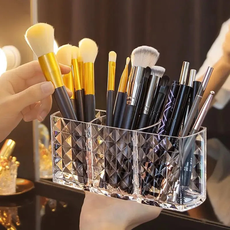 Transparent Diamond-Pattern Storage Box – 3-Grid Bathroom & Makeup Organizer