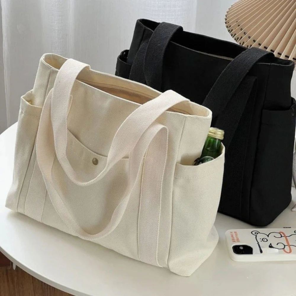 Large Canvas Tote Bag – Zipper Shoulder Bag for Work, College & Everyday Use