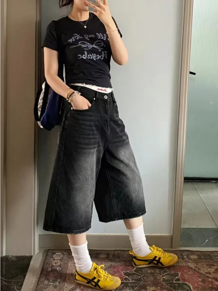 Women's High-Waisted Baggy Denim Jorts – Relaxed Calf-Length Shorts