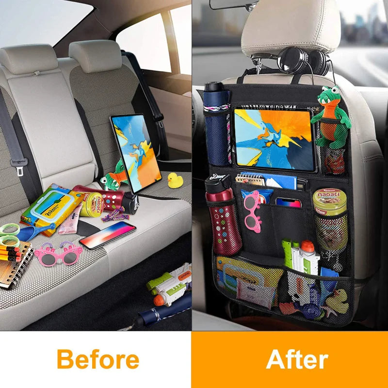 Car Backseat Organizer with Touchscreen Tablet Holder – Multi-Pocket Seat Protector