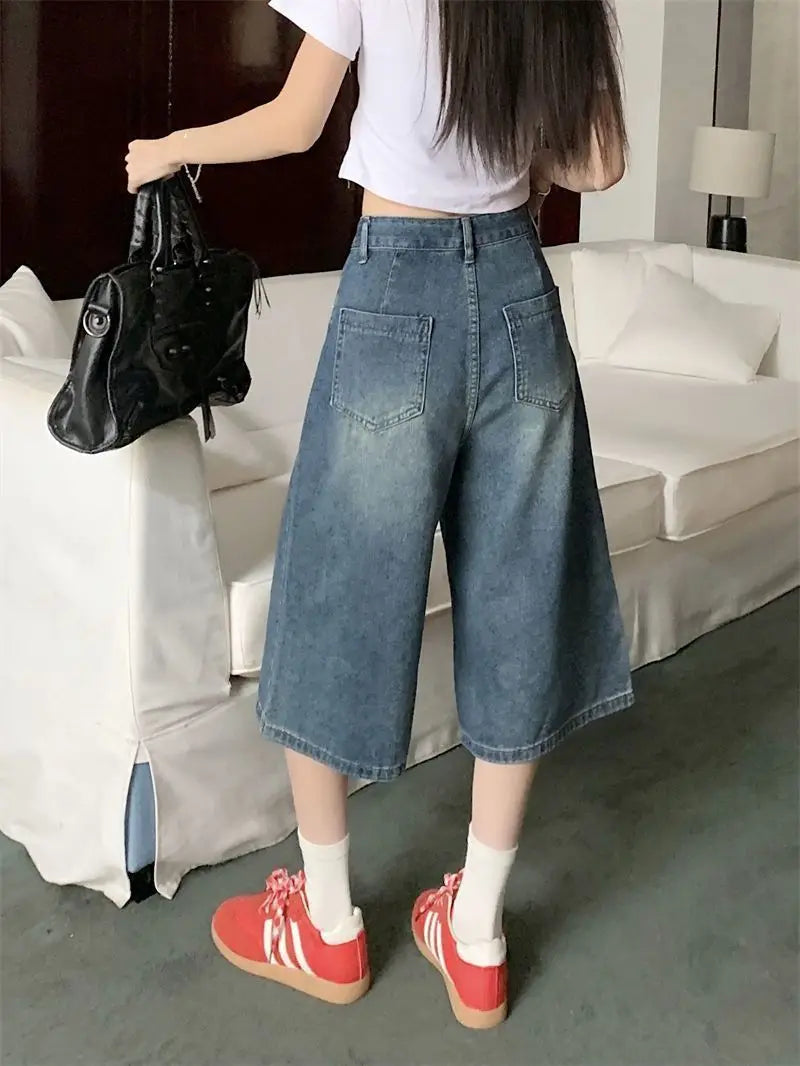 Women's High-Waisted Baggy Denim Shorts – Knee-Length Wide Leg Jeans
