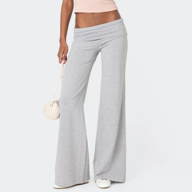AURELLE Women's Wide Leg Fold Over Sweatpants – Low Rise Flare Yoga Lounge Pants