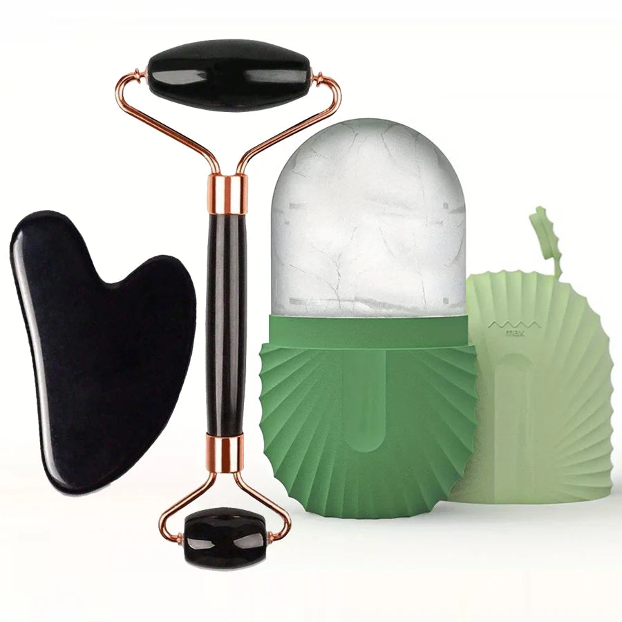 Ice Face Roller & Gua Sha Set – Reusable Silicone Facial Massager for Puffiness & Skincare
