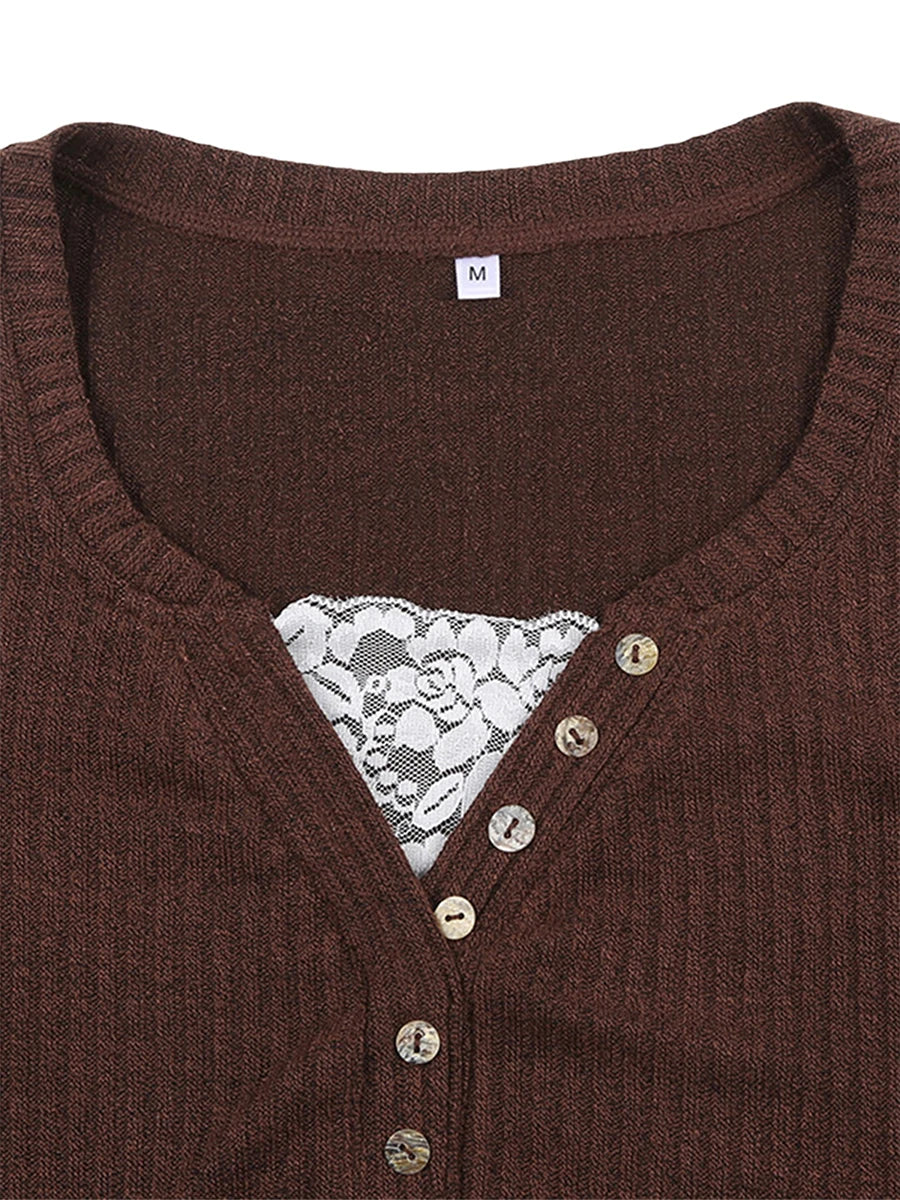 Women's Lace Patchwork Button Front Knit Top – Long Sleeve Slim Fit Sweater