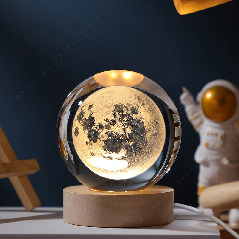 3D Crystal Ball Galaxy Night Light with Wooden USB Base