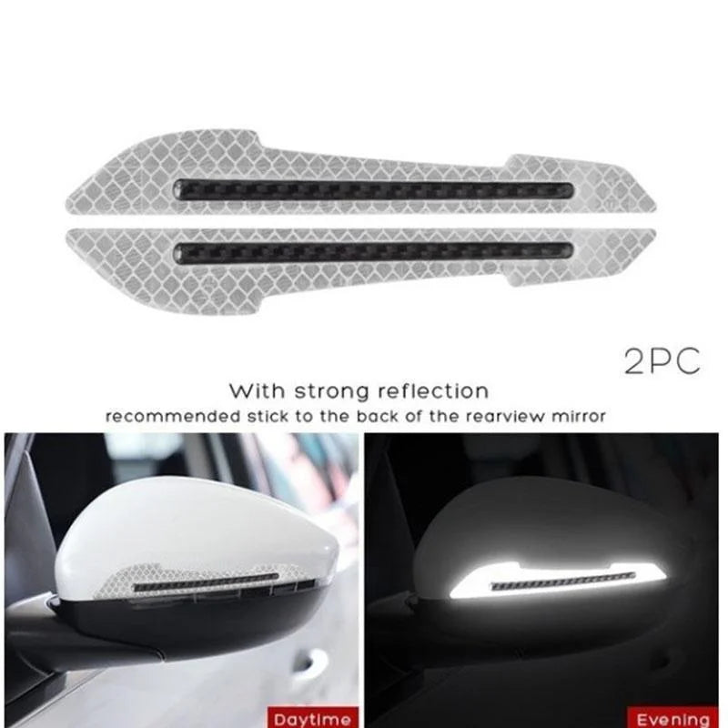 2-Piece Car Rearview Mirror Reflective Stickers – Carbon Fiber Safety Warning Decals & Decorative Mirror Strips