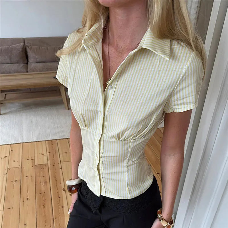 AURELLE Women's Striped Button-Down Crop Shirt – Classic Short Sleeve Top