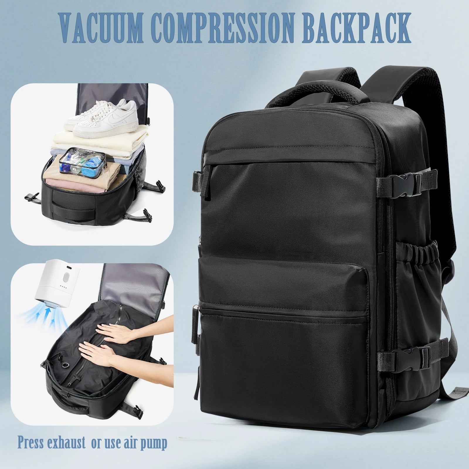 FLCC Vacuum Compression Travel Backpack – Expandable Laptop Backpack with Optional Vacuum Pump
