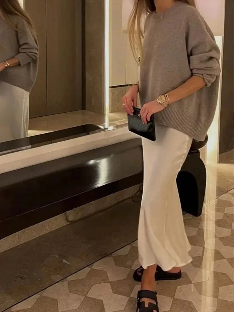 Elegant High-Waist Satin Midi Skirt