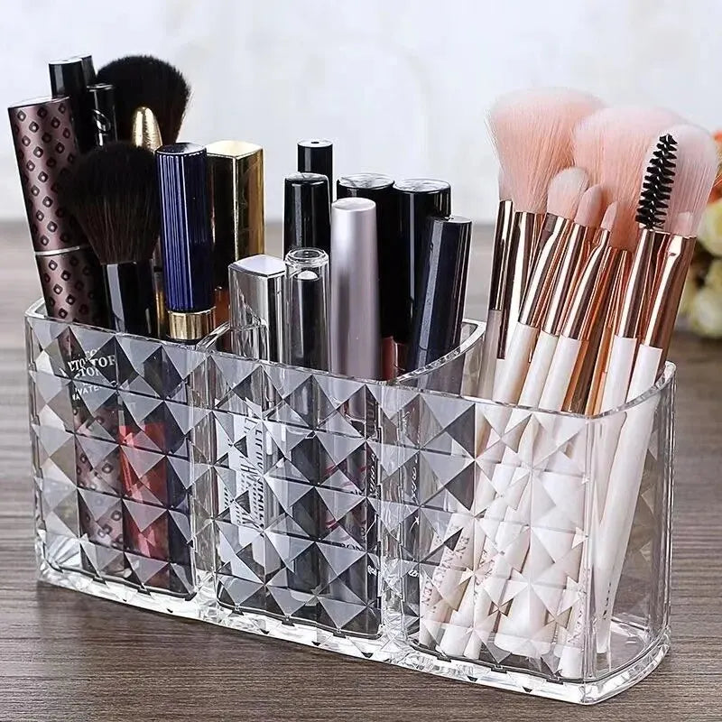 Transparent Diamond-Pattern Storage Box – 3-Grid Bathroom & Makeup Organizer