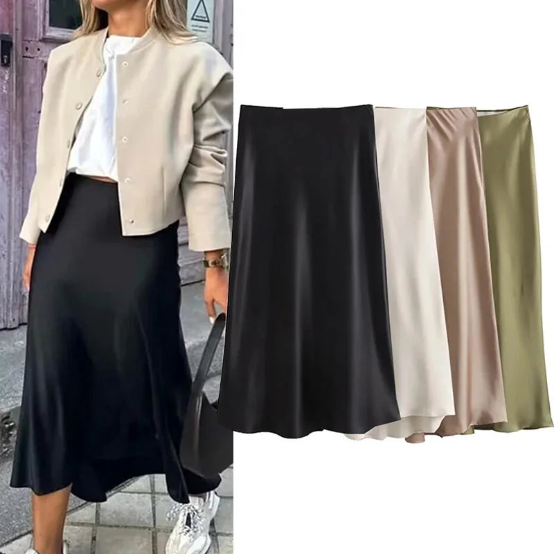 Elegant High-Waist Satin Midi Skirt