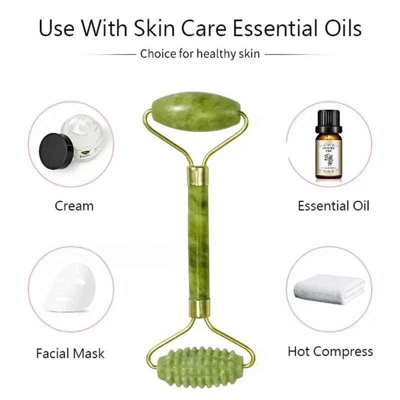 Natural Jade Massage Roller & Gua Sha Set – Facial and Body Massage Tool