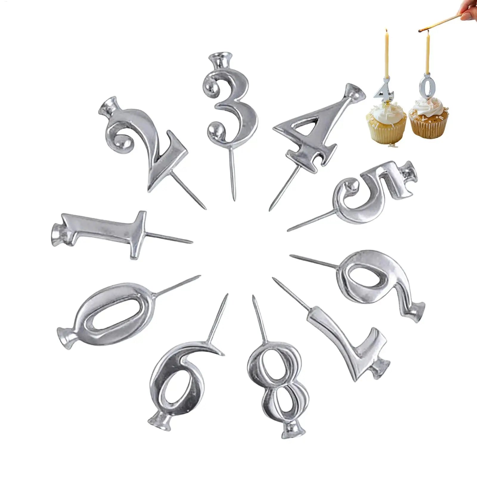 Reusable Silver Number Candle Holder Set (0–9) – Adjustable Birthday Cake Decoration