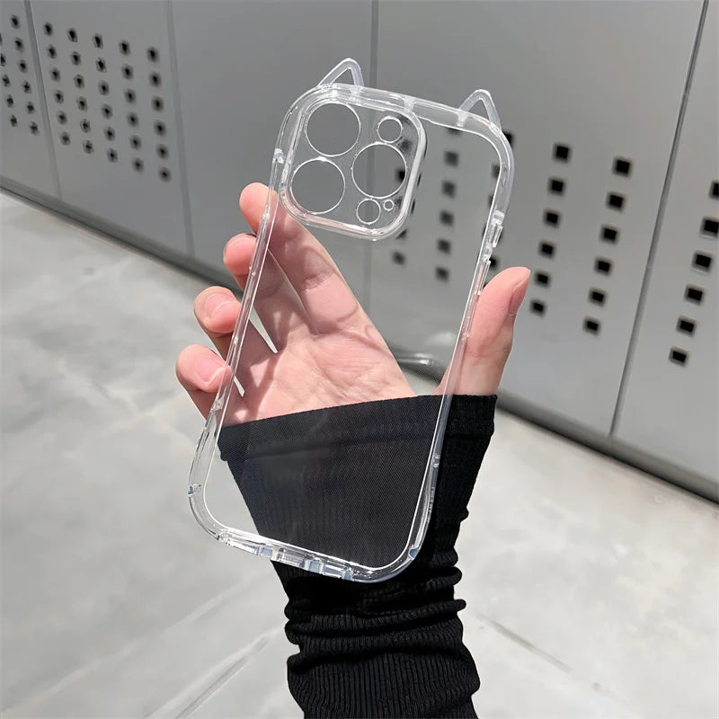 Cute 3D Bear Ear Clear Phone Case with Bear Charm – Shockproof TPU Cover for iPhone