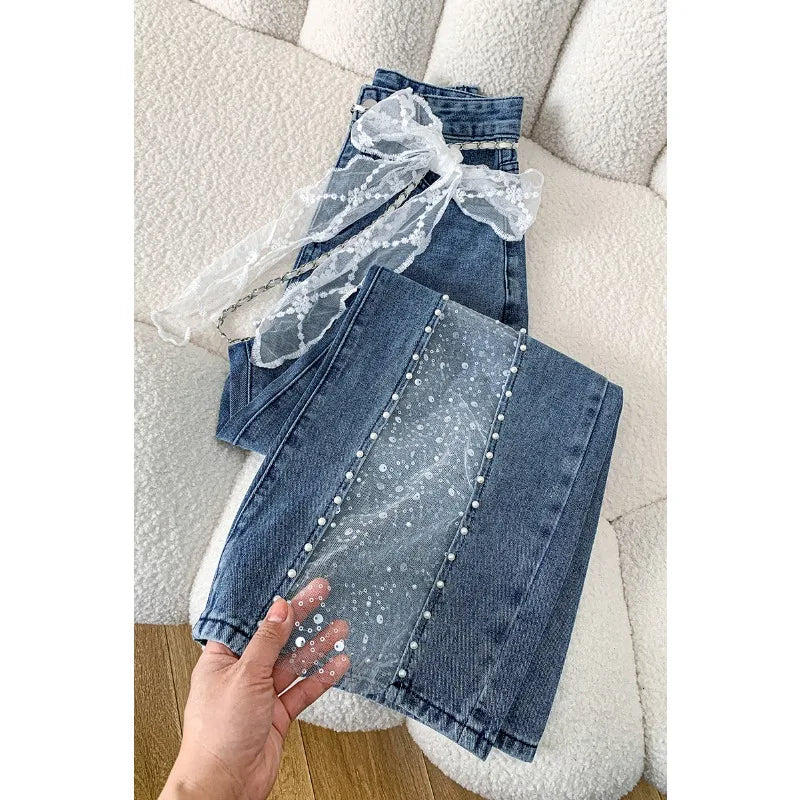 Women's High-Waisted Wide Leg Jeans – Pearl &amp; Lace Detail Denim Pants