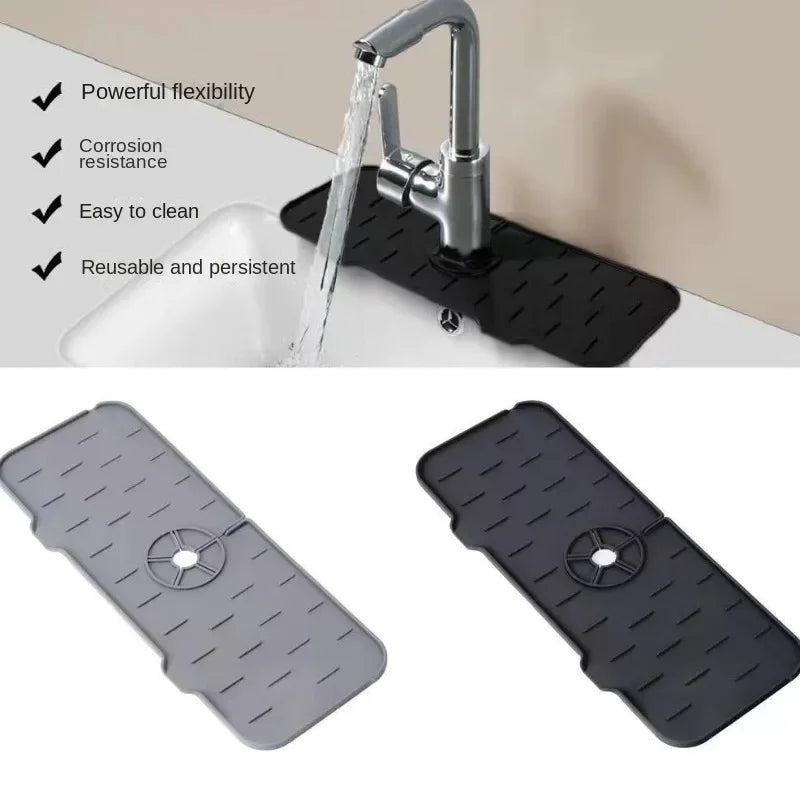 Silicone Faucet Mat & Sink Splash Guard – Foldable Kitchen Countertop Drainage Mat with Sponge Rack