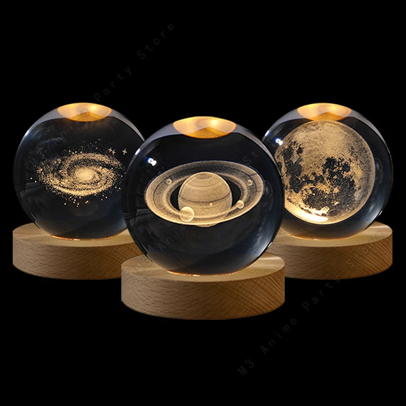 3D Crystal Ball Galaxy Night Light with Wooden USB Base