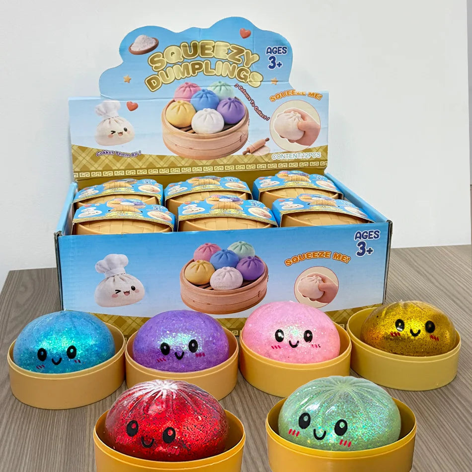 Dumpling Squishy Stress Toy – Slow-Rising Soft Fidget with Mini Steamer