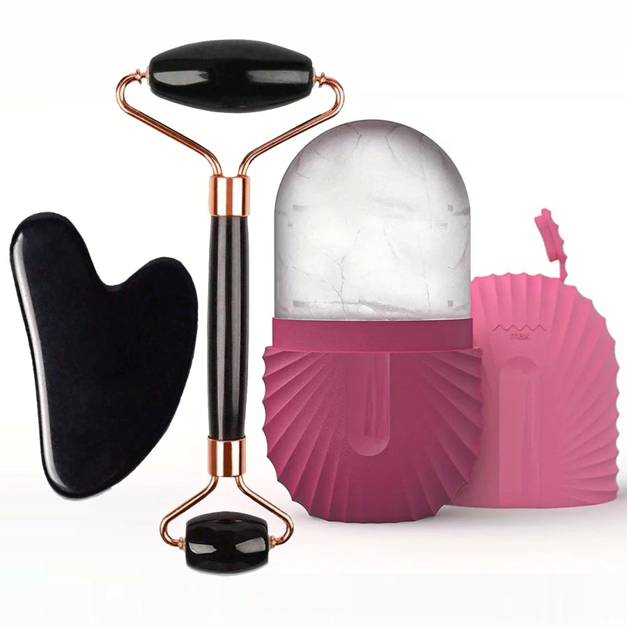 Ice Face Roller & Gua Sha Set – Reusable Silicone Facial Massager for Puffiness & Skincare
