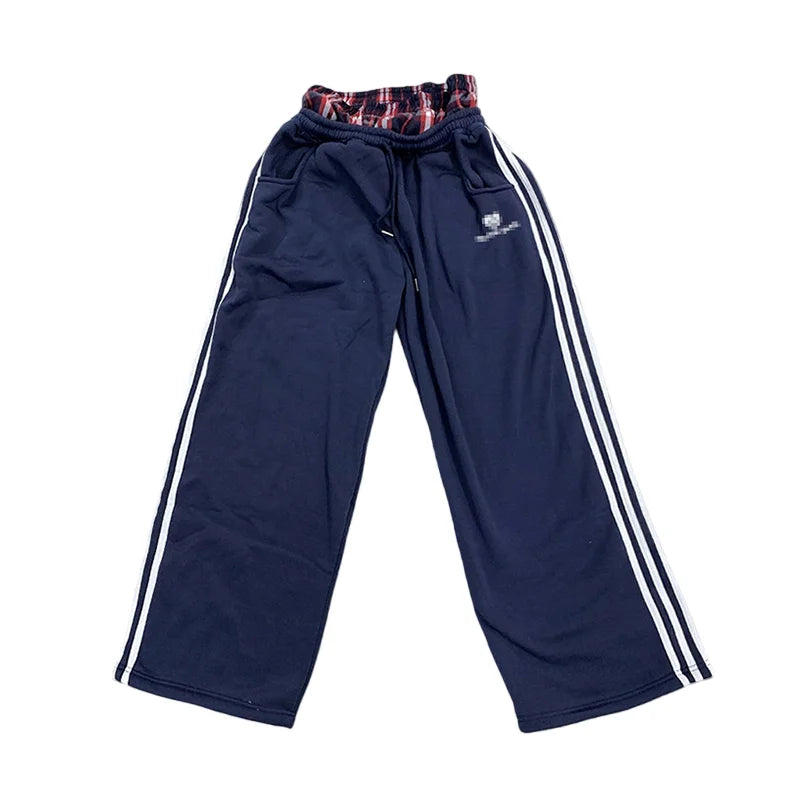 AURELLE Women's Checkered Double-Waist Wide Leg Sweatpants – Letter Embroidery Streetwear