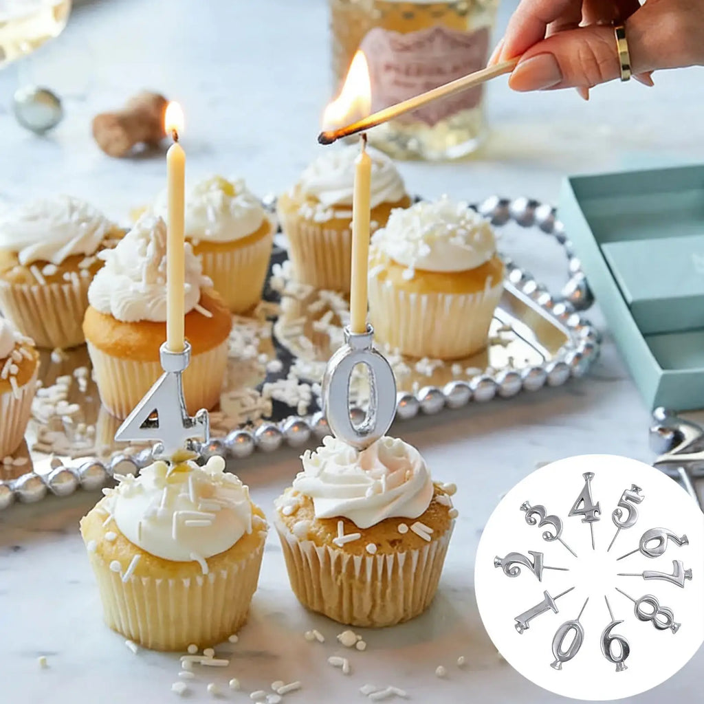Reusable Silver Number Candle Holder Set (0–9) – Adjustable Birthday Cake Decoration