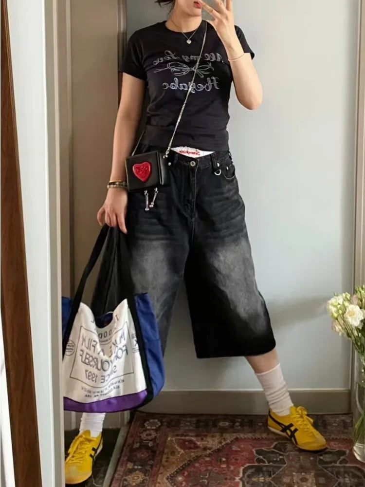 Women's High-Waisted Baggy Denim Jorts – Relaxed Calf-Length Shorts