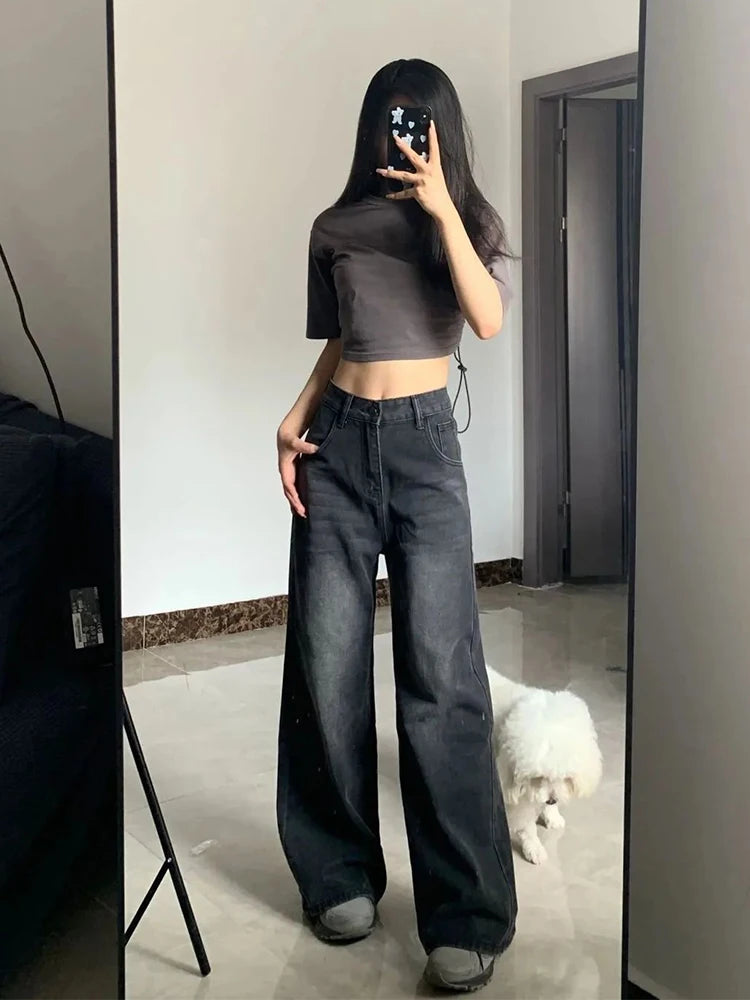Women's High-Waisted Straight Leg Jeans – Relaxed Vintage Washed Denim Pants