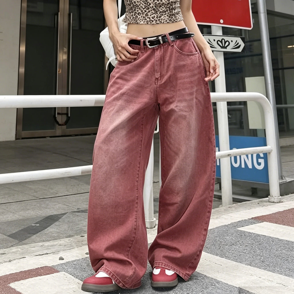 Women's Vintage Washed Wide Leg Jeans – Mid-Rise Relaxed Denim Pants