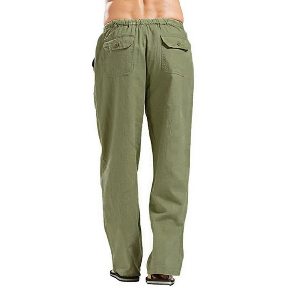 Men’s Cotton Linen Pants – Breathable Drawstring Casual Trousers