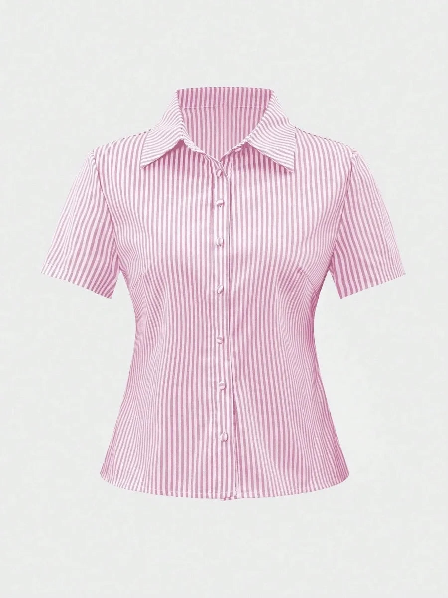 Women’s Striped Short Sleeve Button-Up Crop Shirt