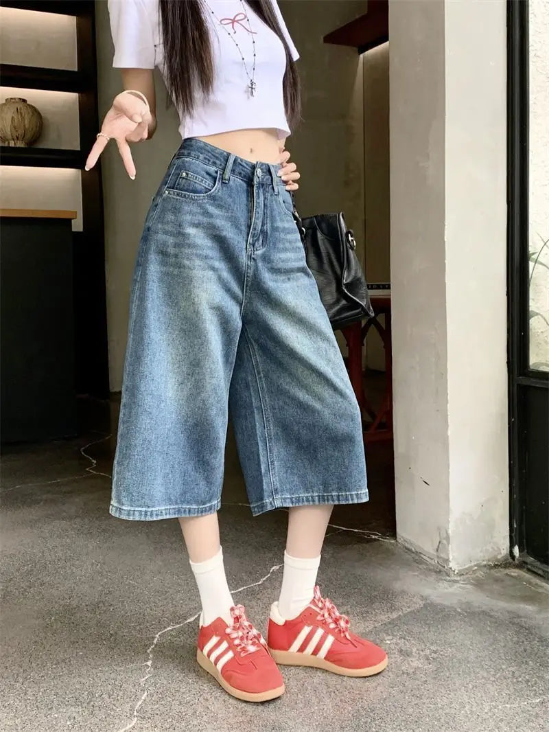 Women's High-Waisted Baggy Denim Shorts – Knee-Length Wide Leg Jeans