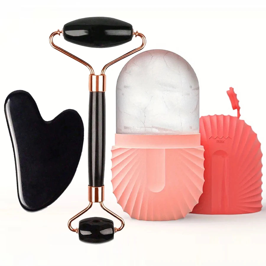 Ice Face Roller & Gua Sha Set – Reusable Silicone Facial Massager for Puffiness & Skincare