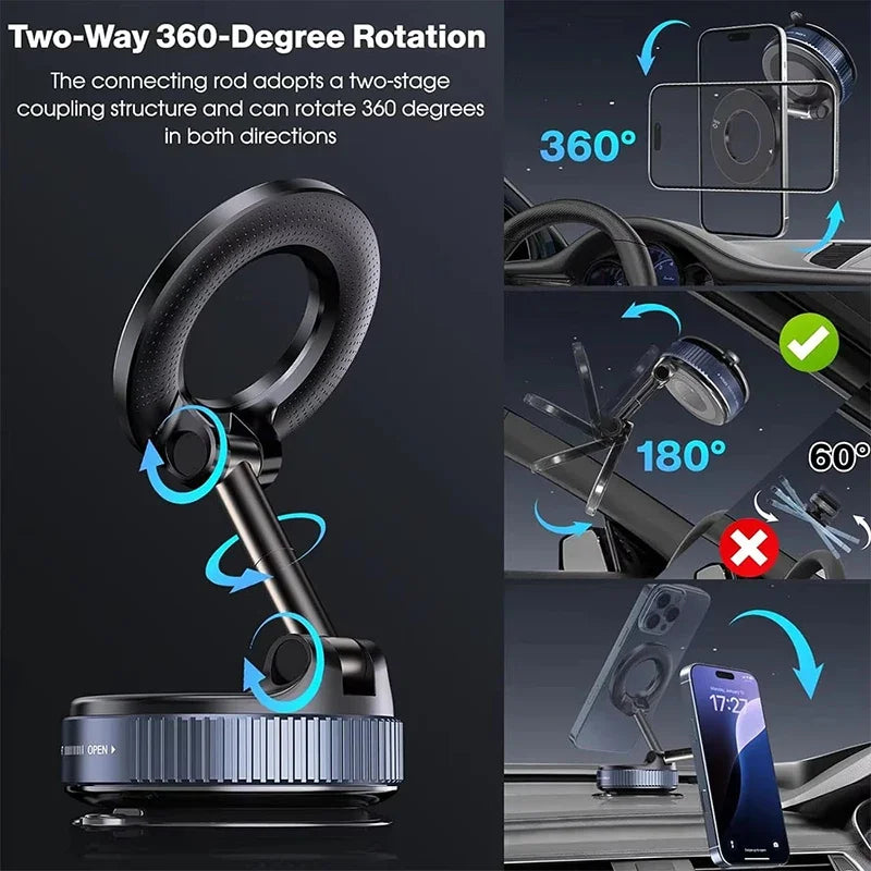 360° Magnetic Car Phone Mount – Foldable Vacuum Suction Dashboard & Windshield Holder