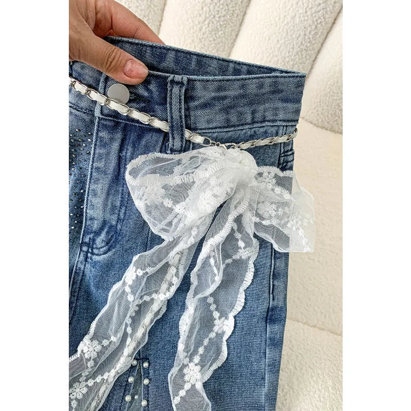 Women's High-Waisted Wide Leg Jeans – Pearl &amp; Lace Detail Denim Pants