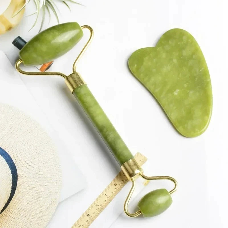 Natural Jade Massage Roller & Gua Sha Set – Facial and Body Massage Tool