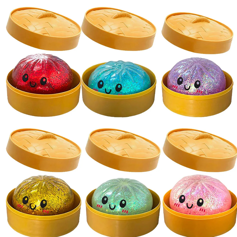 Dumpling Squishy Stress Toy – Slow-Rising Soft Fidget with Mini Steamer