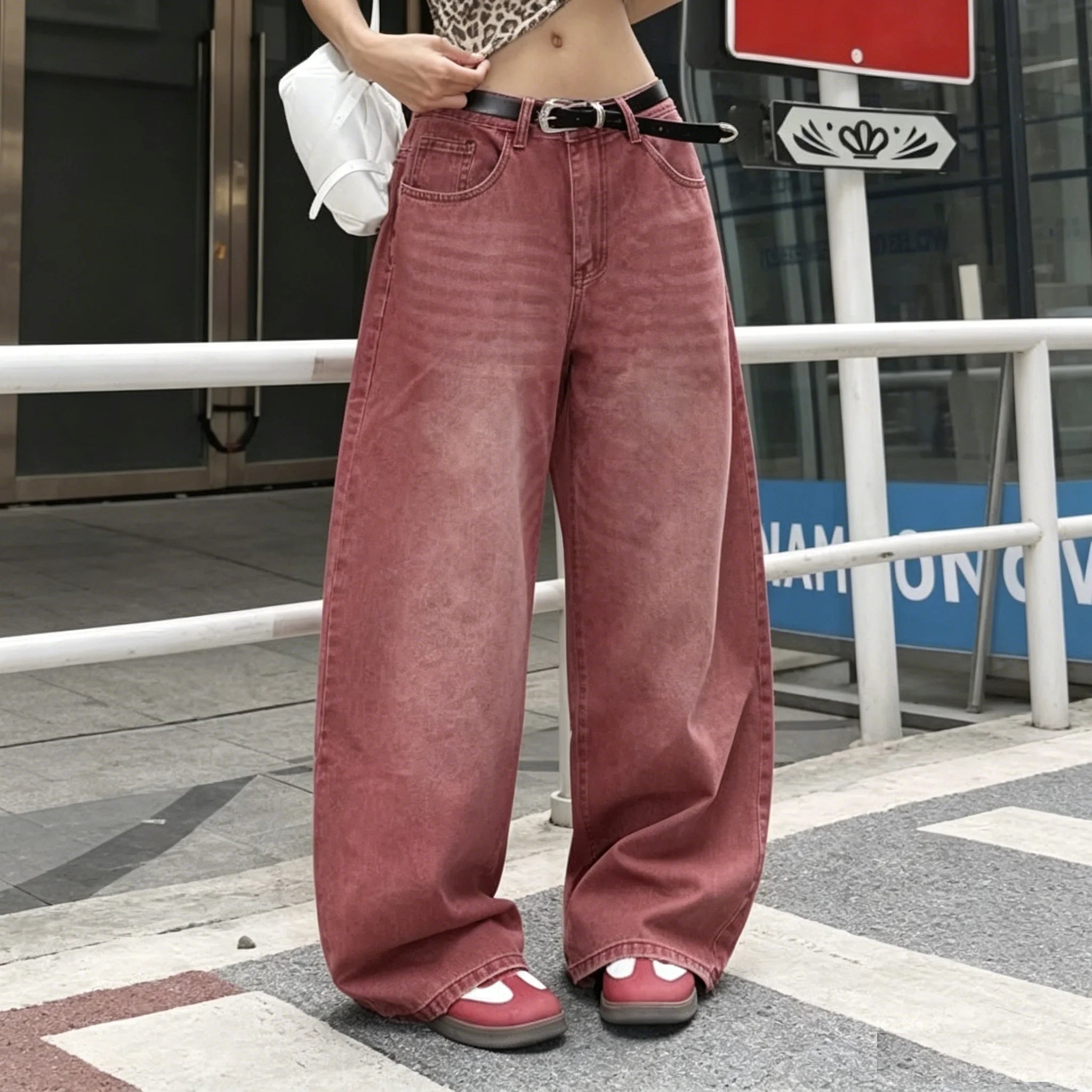 Women's Vintage Washed Wide Leg Jeans – Mid-Rise Relaxed Denim Pants