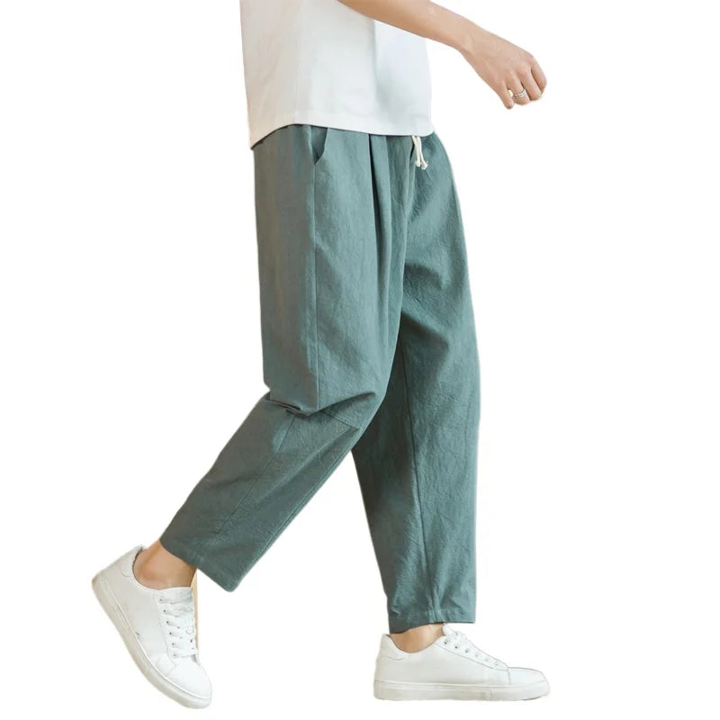 AURELLE Men's Cotton Linen Drawstring Pants – Lightweight Harem-Style Casual Streetwear