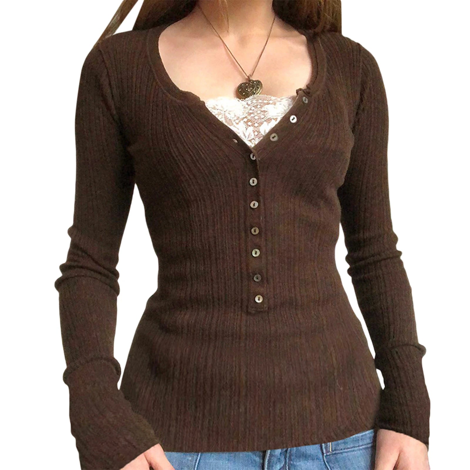 Women's Lace Patchwork Button Front Knit Top – Long Sleeve Slim Fit Sweater