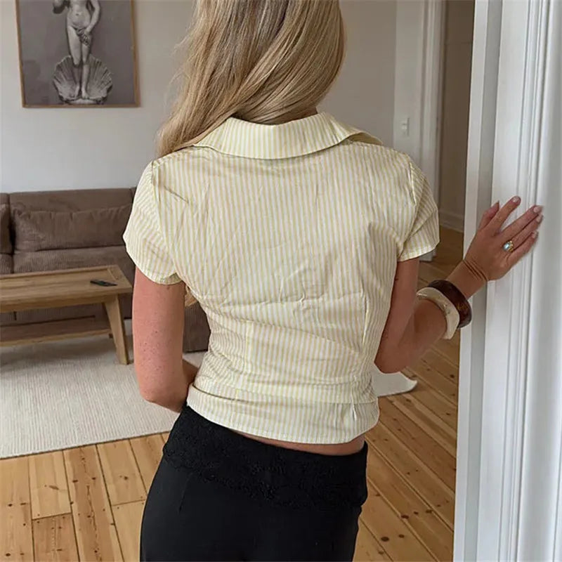 AURELLE Women's Striped Button-Down Crop Shirt – Classic Short Sleeve Top