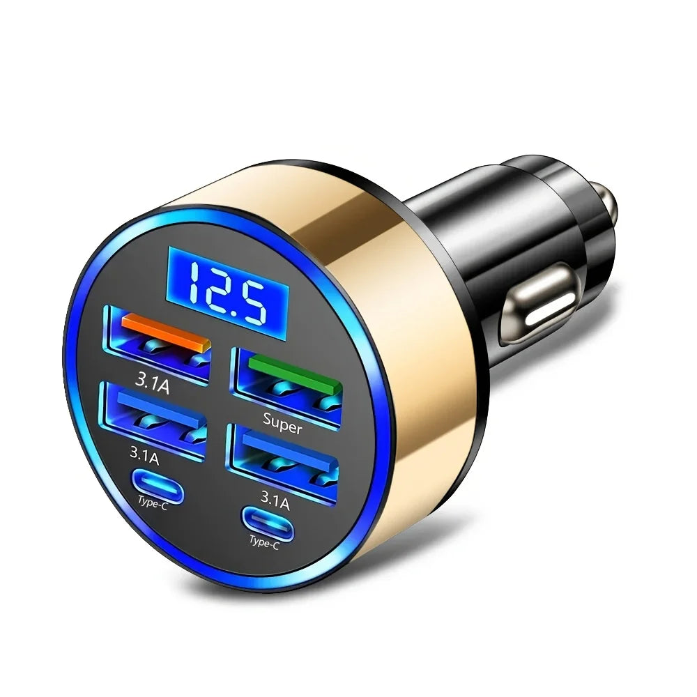 6-in-1 Fast Charging Car Adapter – 3.1A Dual Type-C USB Charger