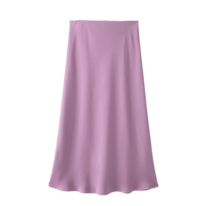 Elegant High-Waist Satin Midi Skirt