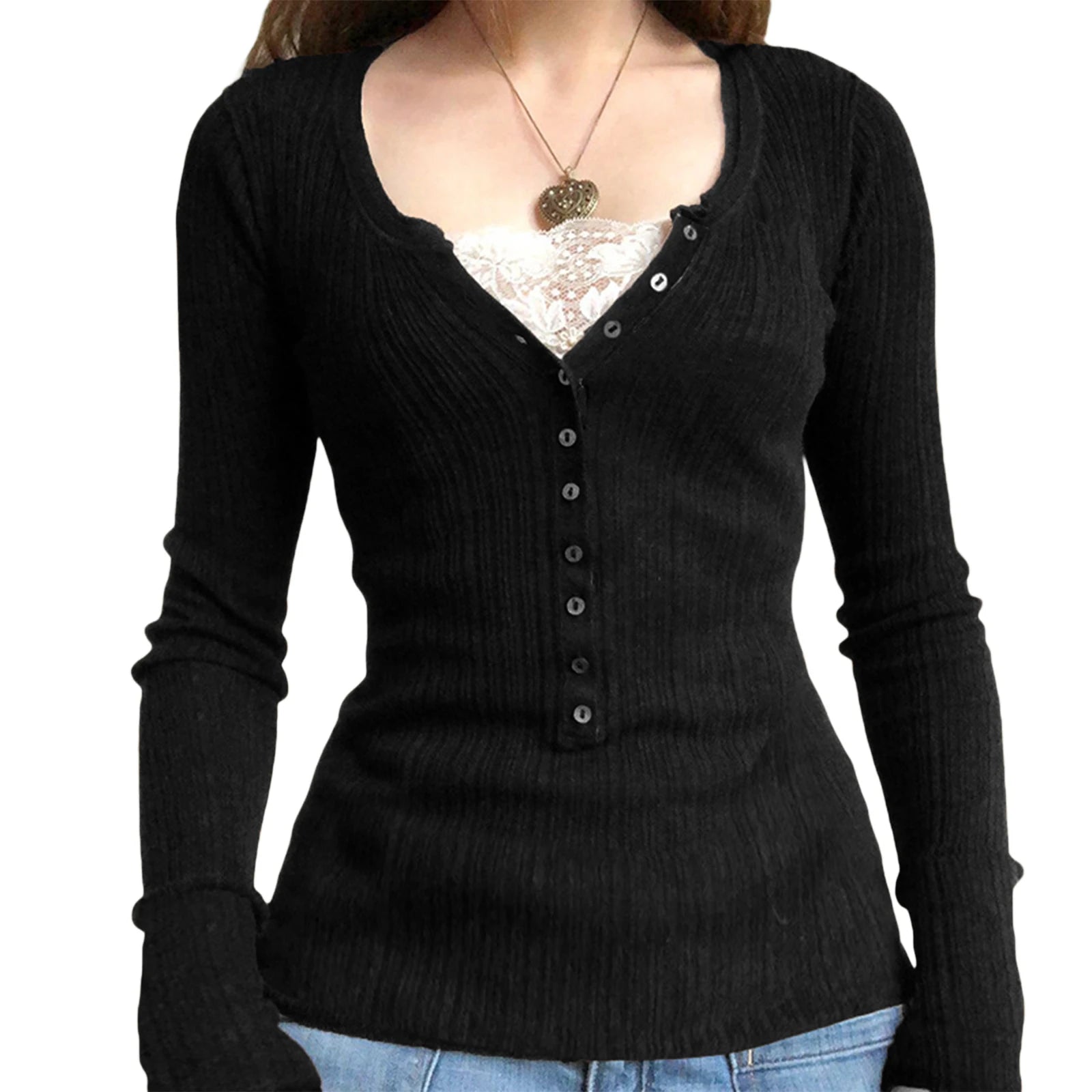 Women's Lace Patchwork Button Front Knit Top – Long Sleeve Slim Fit Sweater