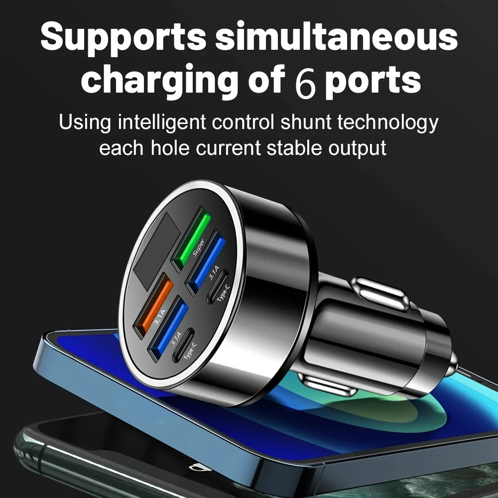 6-in-1 Fast Charging Car Adapter – 3.1A Dual Type-C USB Charger
