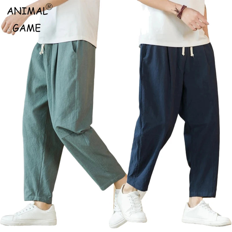 AURELLE Men's Cotton Linen Drawstring Pants – Lightweight Harem-Style Casual Streetwear