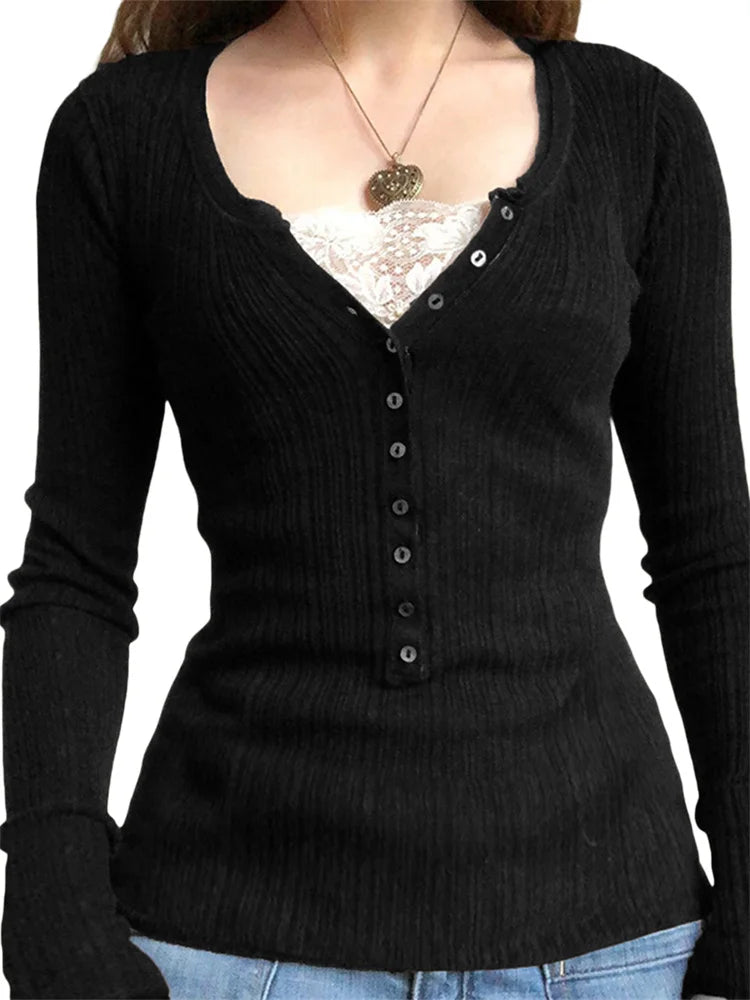 Women's Lace Patchwork Button Front Knit Top – Long Sleeve Slim Fit Sweater