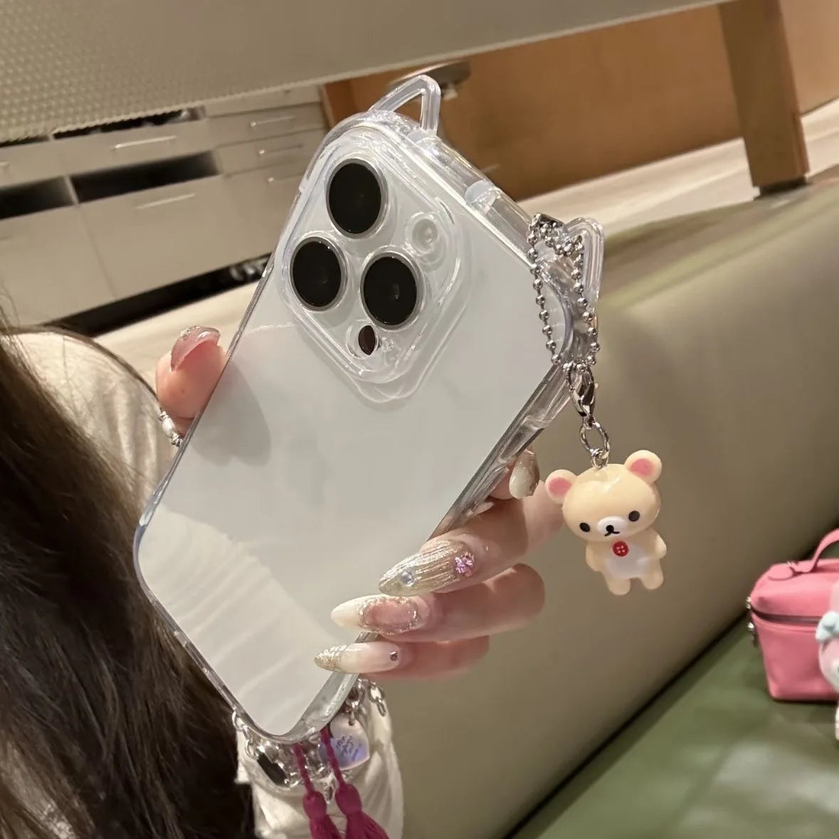 Cute 3D Bear Ear Clear Phone Case with Bear Charm – Shockproof TPU Cover for iPhone